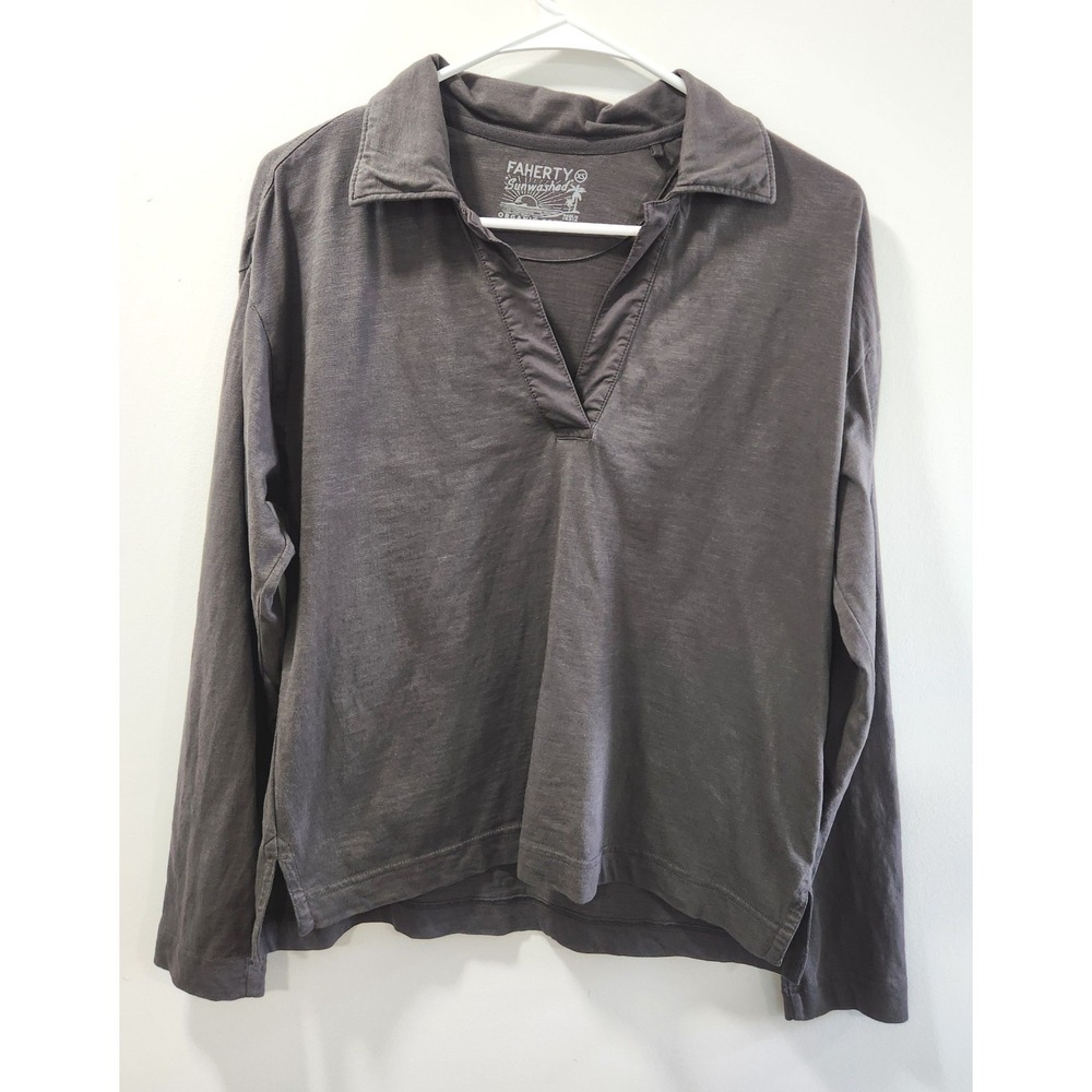 Faherty Sunwashed Organic Cotton Polo Pullover V-Neck Top Charcoal Gray‎ XS